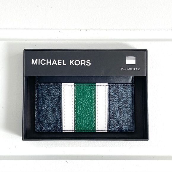 Michael Kors Hudson Logo Stripe Card Case Wallet Admiral Blue & Jewel Green NWT - Picture 2 of 8